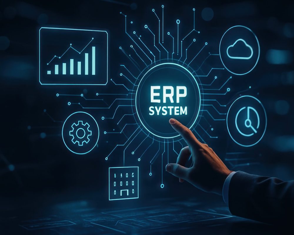A hand interacts on a workspace with glowing "ERP SYSTEM" and business icons radiating outward, Enterprise Resource Planning System, erp, sap